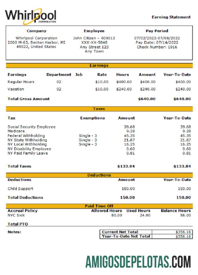 Recibo de pagamento de empresa comercial da USA Whirlpool Corporation exemplo